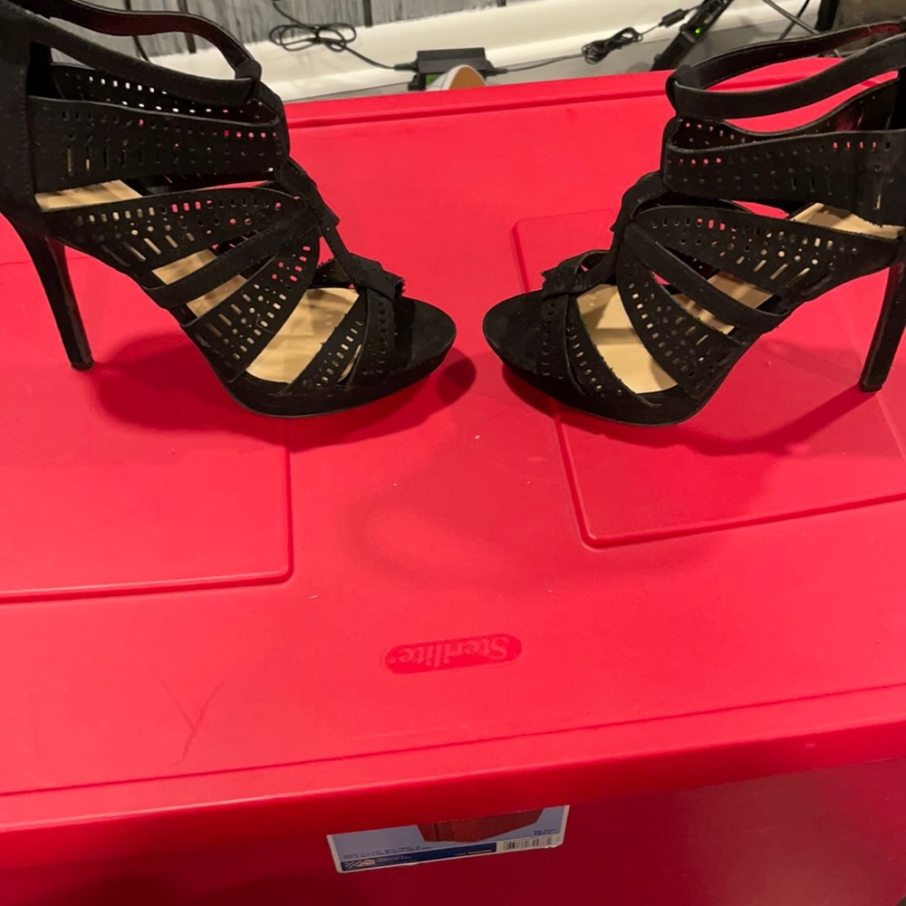 Black suede back zip up heels